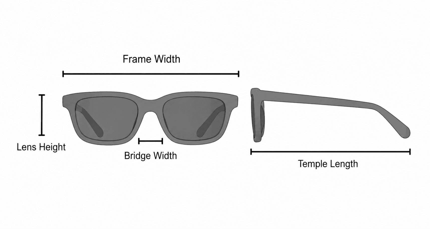 Frame measurement diagram: frame width, lens height, bridge width, temple length